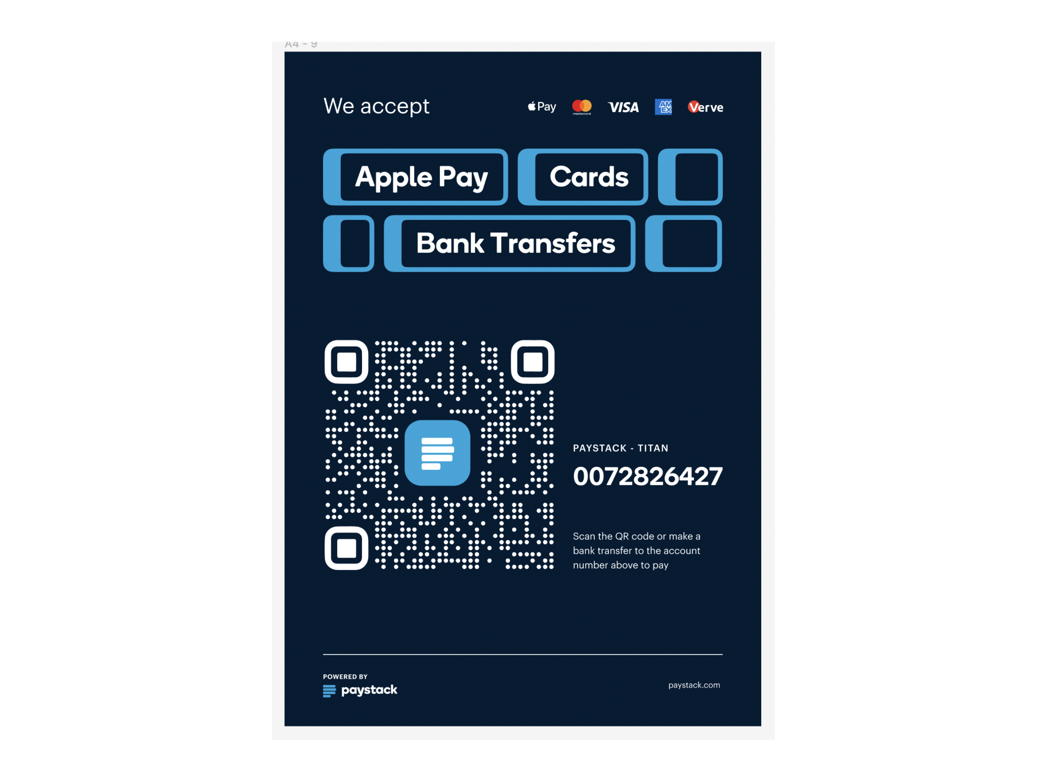 First version of the virtual terminal poster showing payment methods, a QR code to scan, and the bank account for transfers